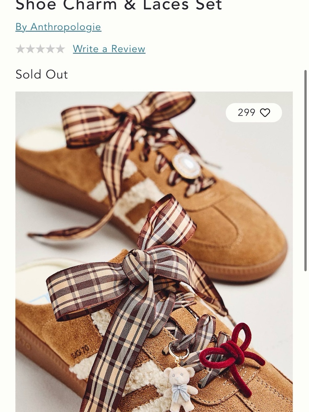 Anthropologie Plaid Ribbon & Tan Suede Shoe Charms Set